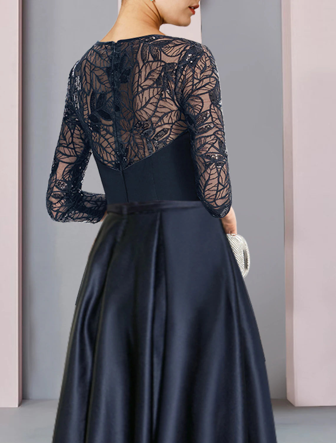 Wholesale  A-Line Mother of the Bride Dress Wedding Guest Vintage Party Jewel Neck Asymmetrical Satin Lace Sequined Half Sleeve with Pleats