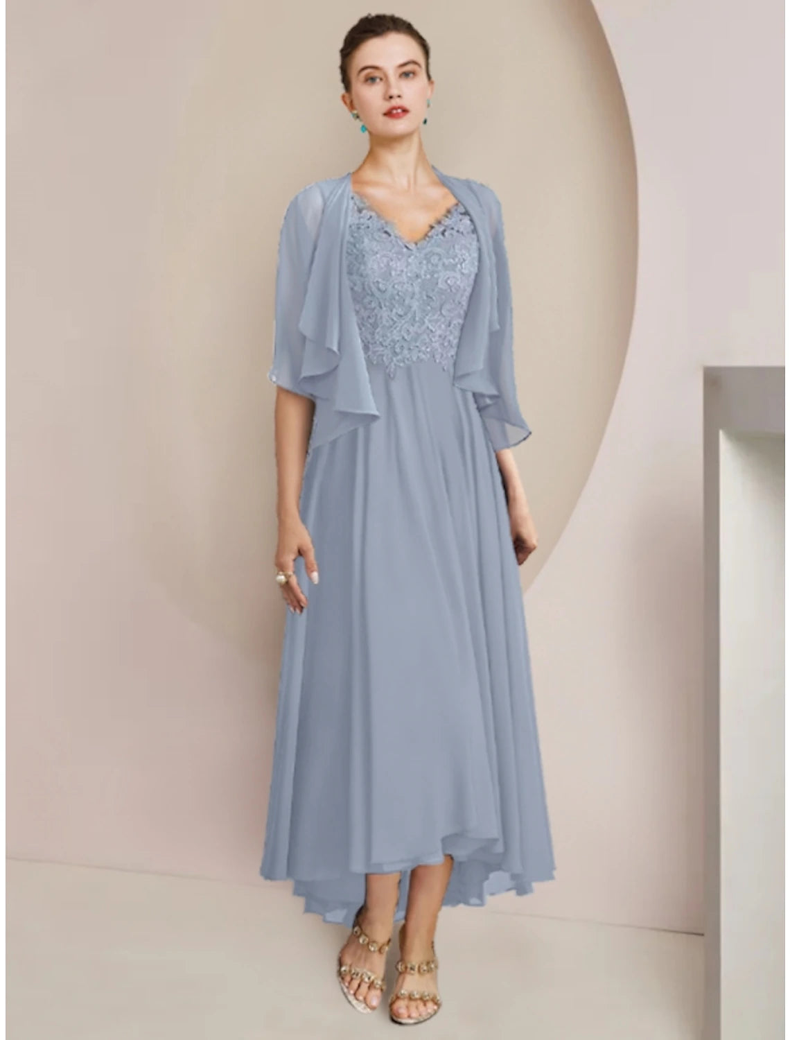 Wholesale  Sheath / Column Mother of the Bride Dress Wedding Guest Vintage Elegant V Neck Asymmetrical Ankle Length Chiffon Lace Half Sleeve with Pleats Solid