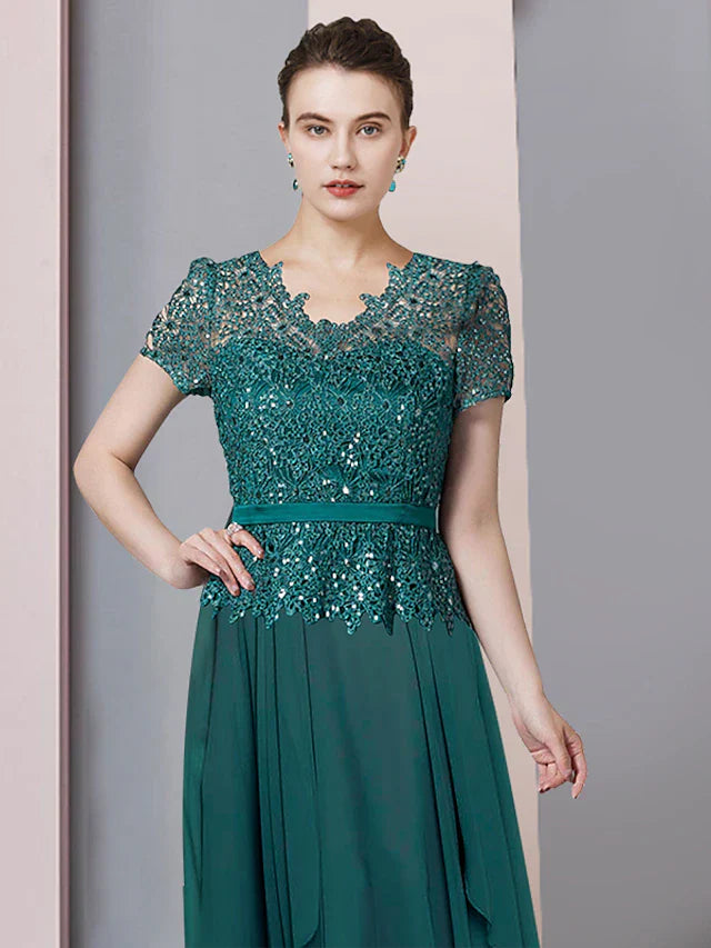 Wholesale A-Line Mother of the Bride Dress Formal Party Sparkle & Shine Elegant V Neck Floor Length Chiffon Sequined Short Sleeve with Pleats Sequin