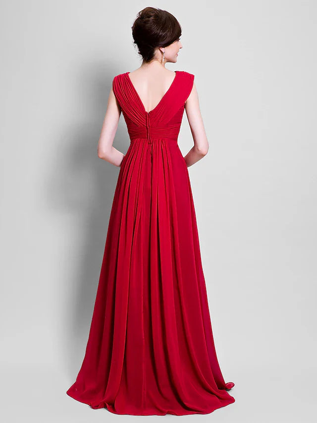Wholesale A-Line Mother of the Bride Dress Open Back V Neck Floor Length Chiffon Sleeveless with Beading Side Draping