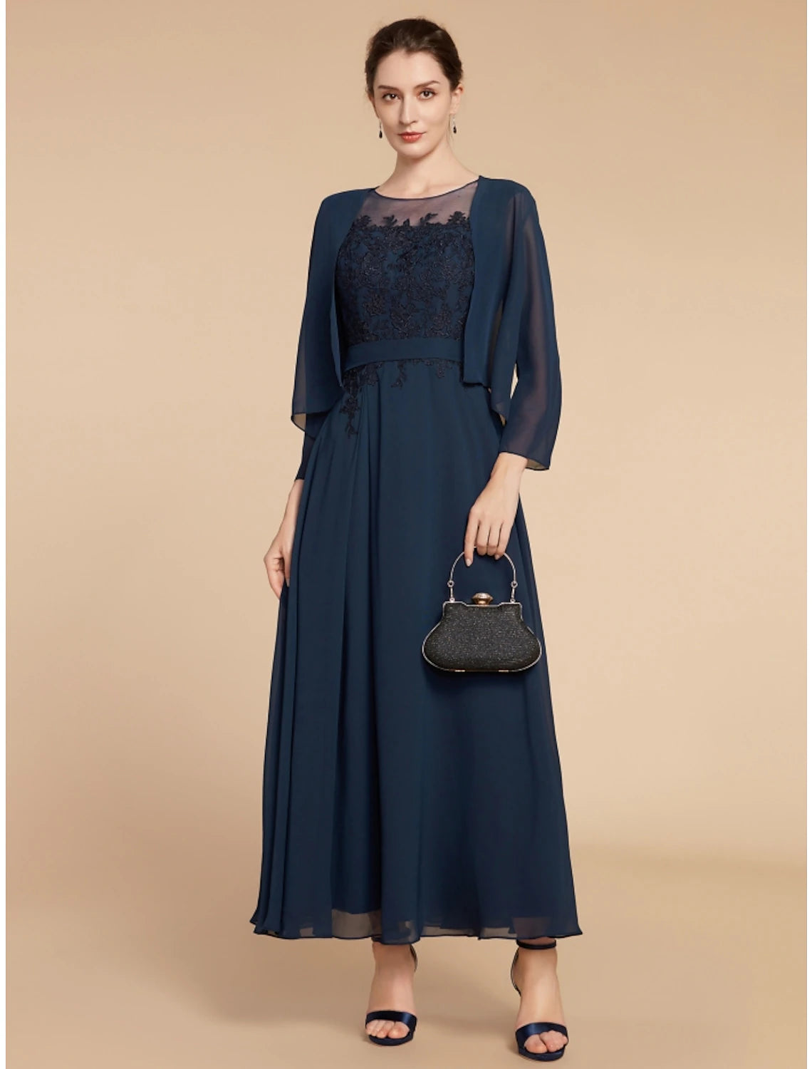 Wholesale A-Line Mother of the Bride Dress Wedding Guest Elegant Jewel Neck Ankle Length Chiffon Lace Long Sleeve with Ruching Solid Color