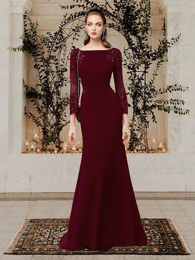 Wholesale Mermaid / Trumpet Mother of the Bride Dress Elegant Jewel Neck Sweep / Brush Train Chiffon Lace Tulle Long Sleeve with Appliques