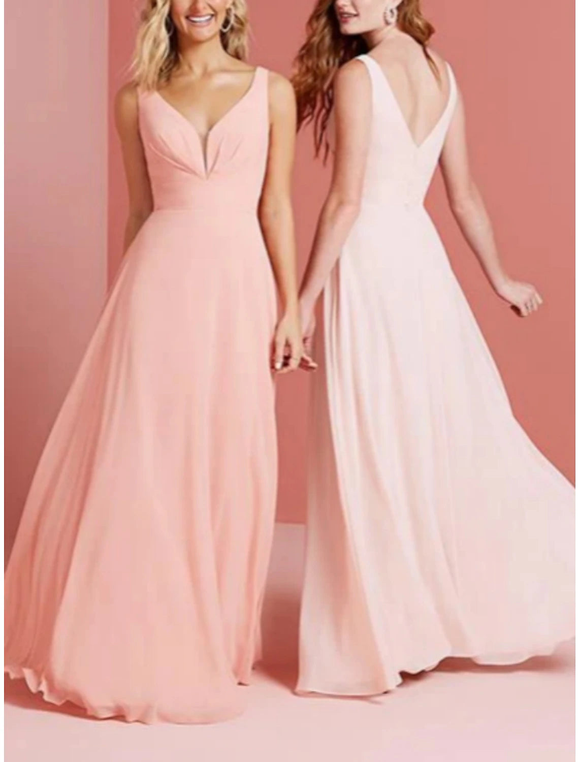 Wholesale A-Line Bridesmaid Dress V Neck Sleeveless Elegant Floor Length Chiffon with Ruching