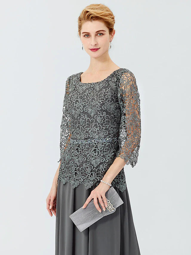 Wholesale Ball Gown A-Line Mother of the Bride Dress Formal Classic & Timeless Elegant & Luxurious Elegant Scoop Neck Floor Length Chiffon Corded Lace 3/4 Length Sleeve with Sashes / Ribbons Beading