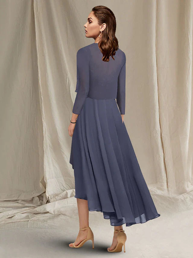Wholesale A-Line Mother of the Bride Dress Elegant High Low Jewel Neck Asymmetrical Tea Length Chiffon Lace Short Sleeve Wrap Included with Ruched Sequin Appliques