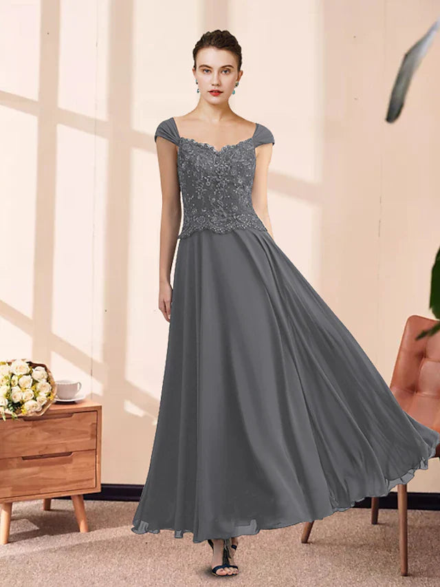 Wholesale Two Piece A-Line Mother of the Bride Dress Elegant V Neck Ankle Length Chiffon Lace Sleeveless with Pleats Appliques