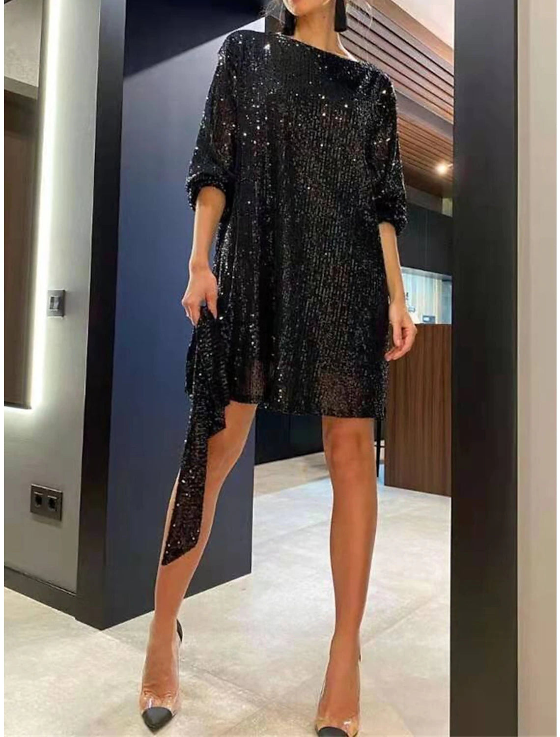 Wholesale Women's Gold Sequin Dress Party Dress New Year's Eve Dress Sparkly Dress Black Dress Homecoming Cocktail Dress Mini Dress Silver White Long Sleeve Sparkly Glitter Lace up Winter Dress