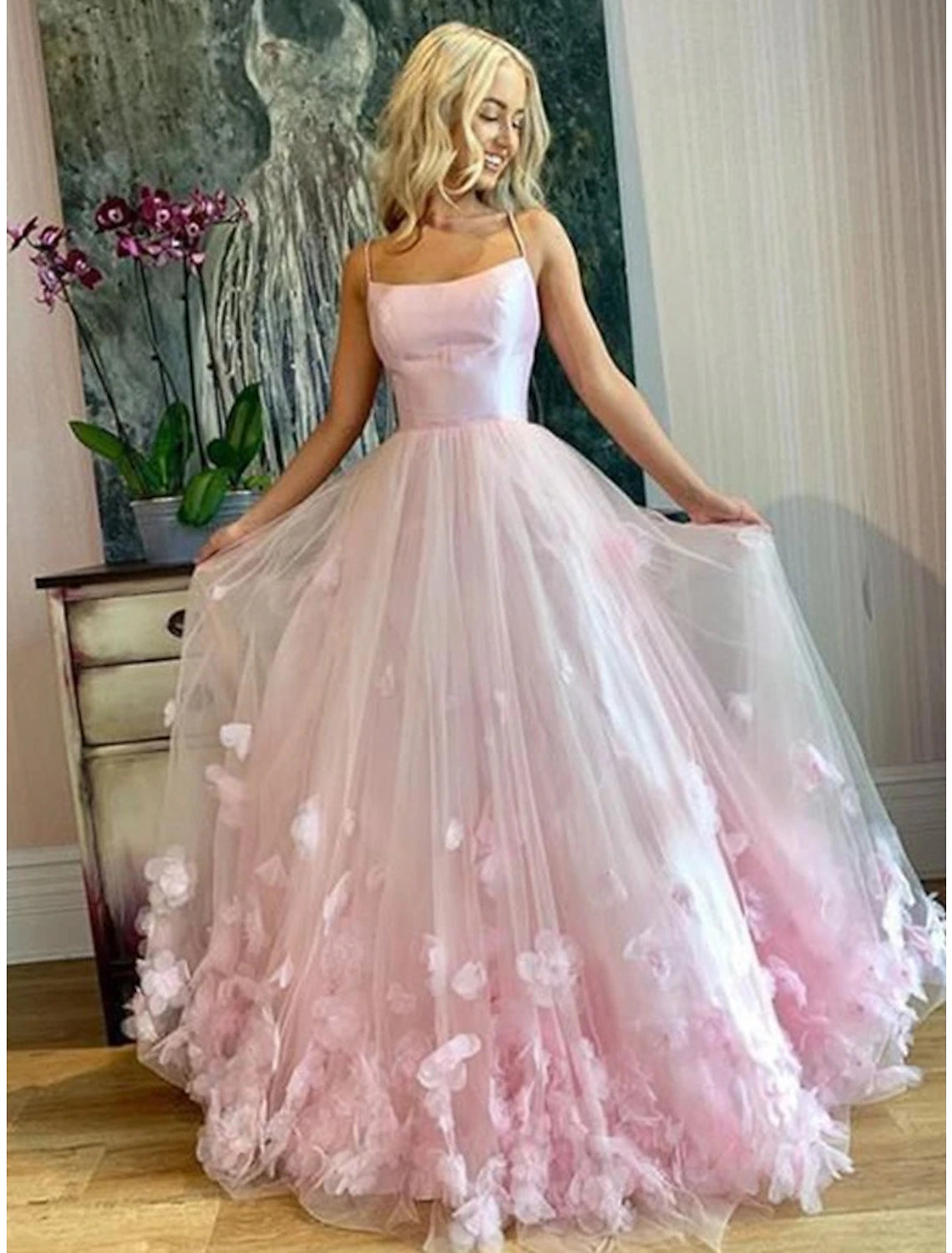 Wholesale  A-Line Prom Dresses Floral Dress Performance Sweet 16 Floor Length Sleeveless Spaghetti Strap Tulle with Pleats Appliques