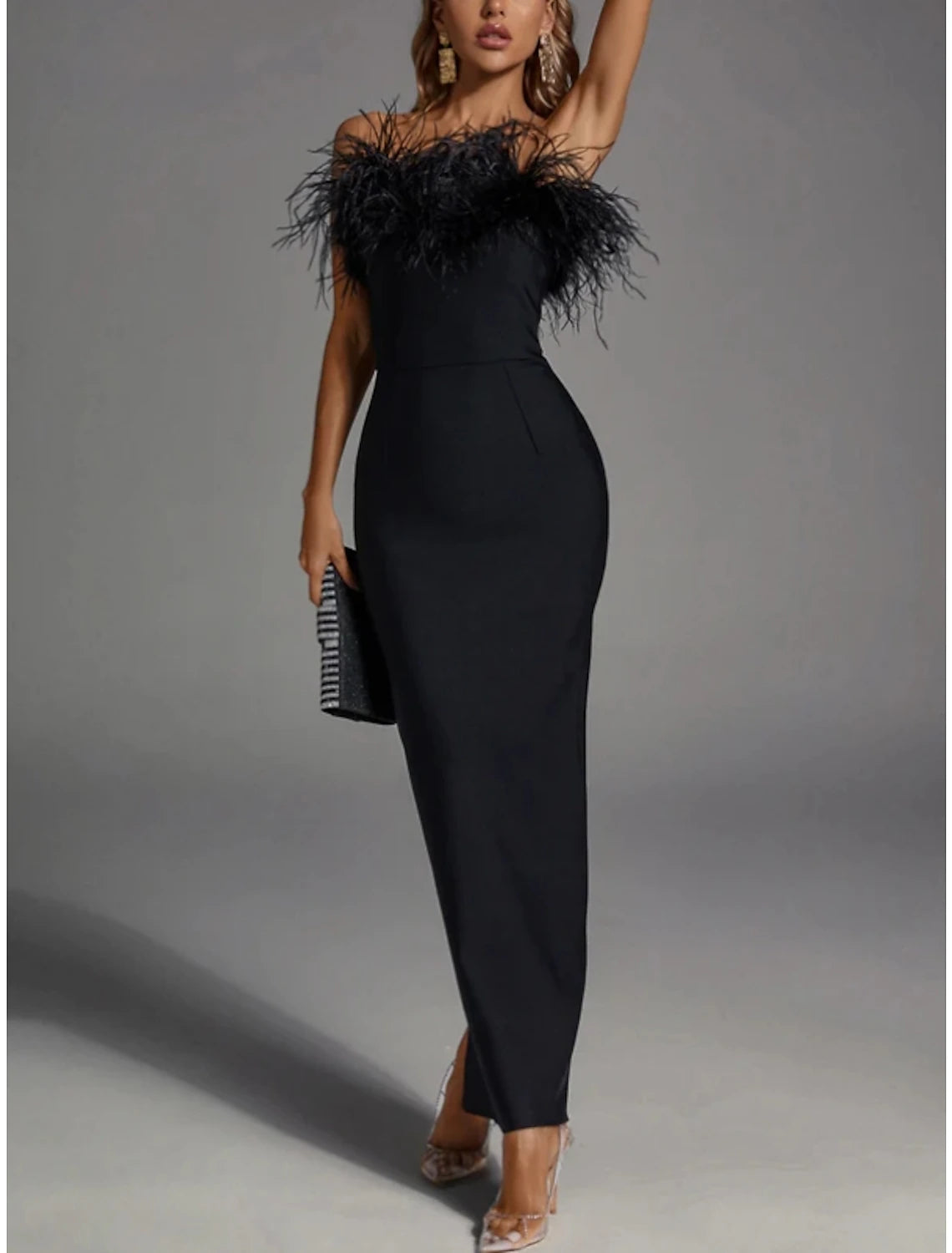Wholesale Black Sheath / Column Evening Gown Elegant Dress Formal Fall Ankle Length Sleeveless Strapless Stretch Fabric with Feather Slit