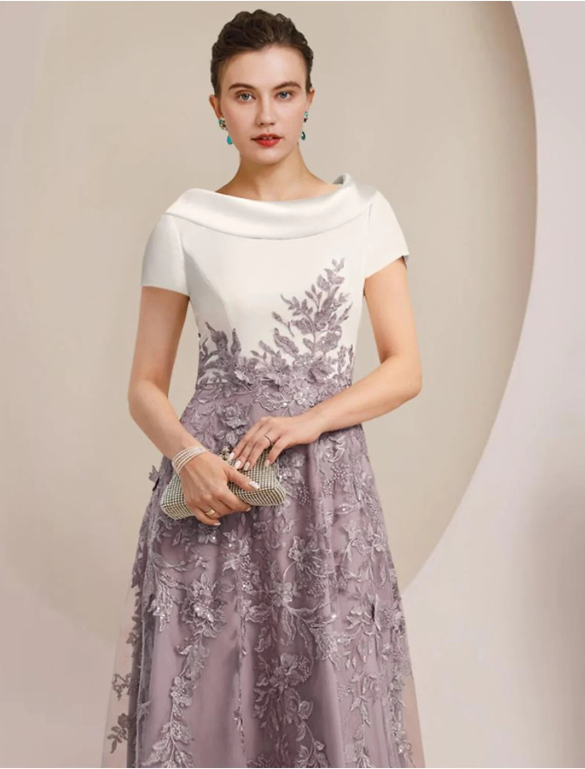 Wholesale A-Line Mother of the Bride Dress Formal Wedding Guest Elegant Scoop Neck Tea Length Satin Lace Short Sleeve with Sequin Appliques Color Block