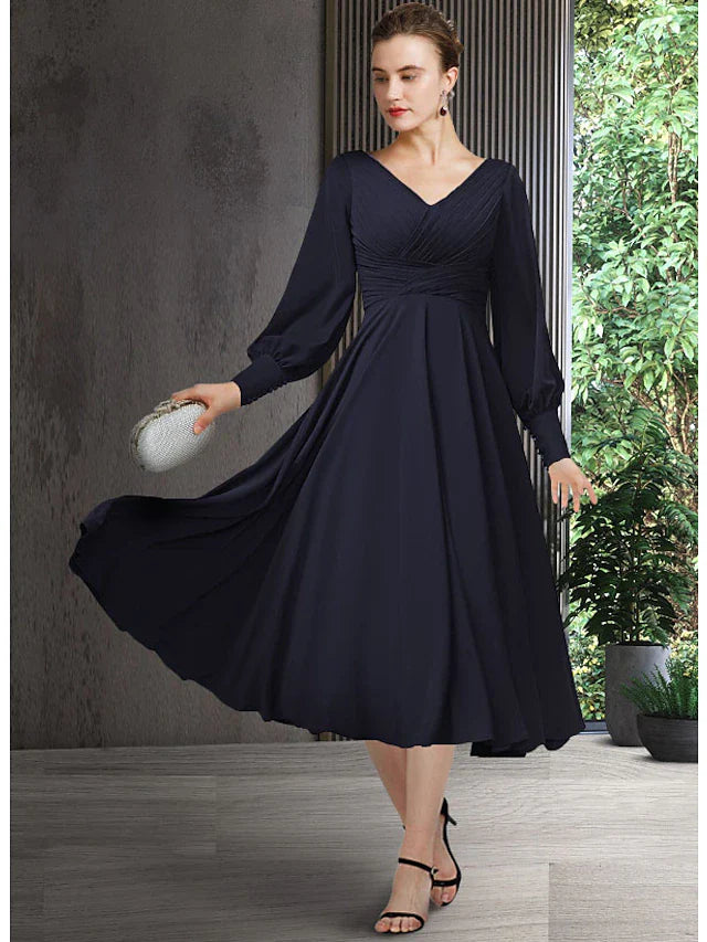 Wholesale A-Line Mother of the Bride Dress Elegant V Neck Tea Length Chiffon Short Sleeve Long Sleeve with Pleats Ruching