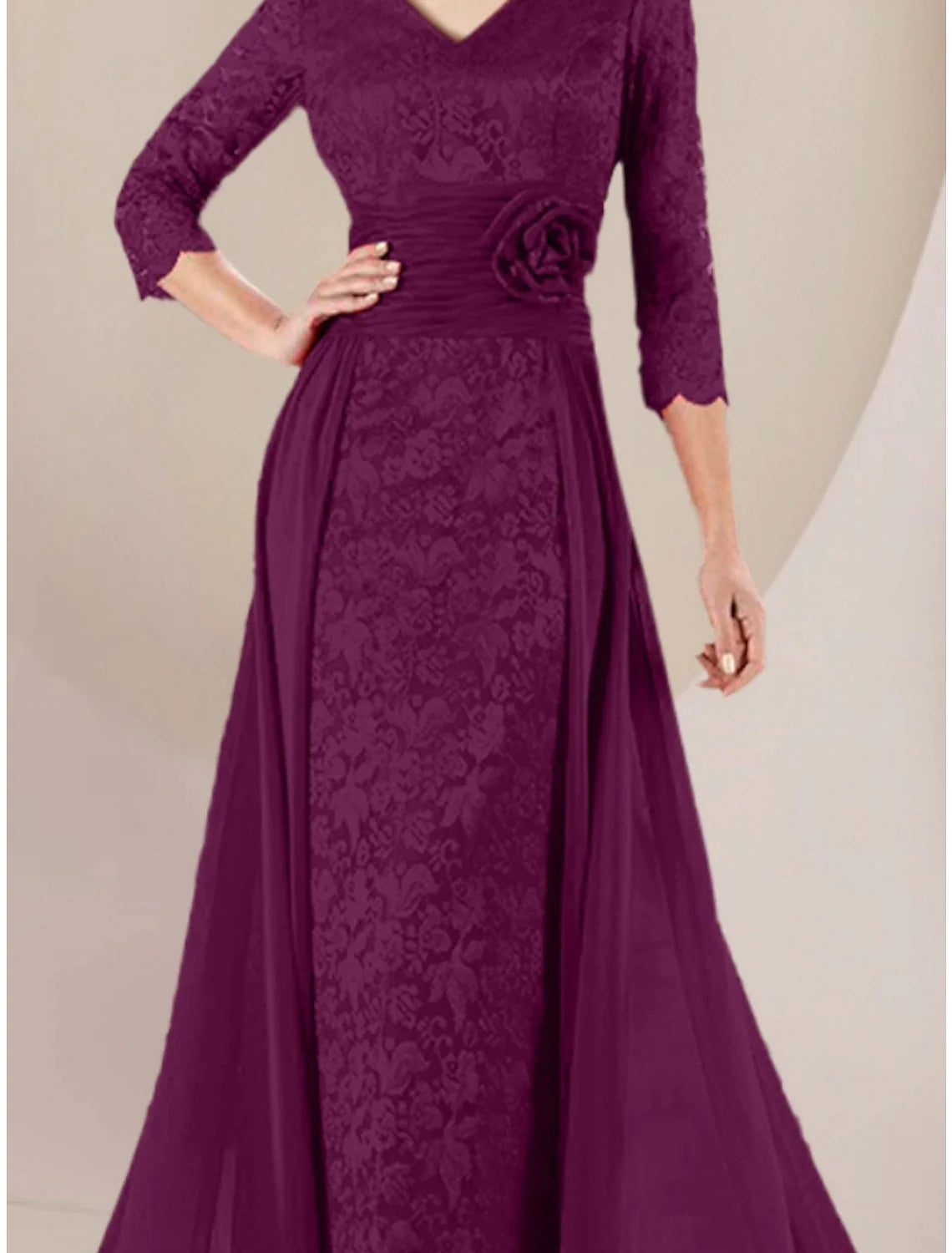 Wholesale A-Line Mother of the Bride Dress Wedding Guest Elegant V Neck Floor Length Chiffon 3/4 Length Sleeve with Appliques Ruching