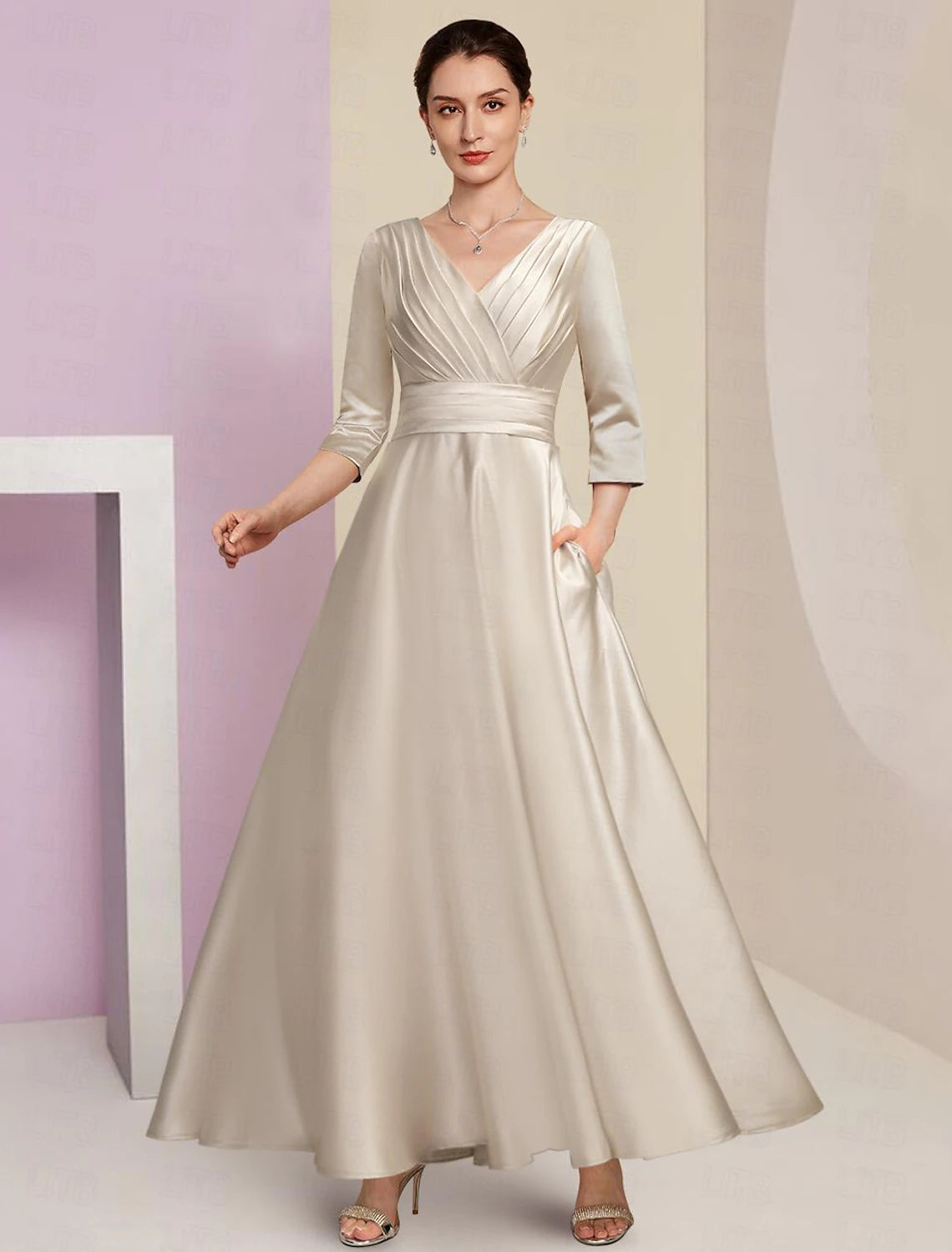 Wholesale A-Line Mother of the Bride Dress Formal Wedding Guest Elegant V Neck Ankle Length Sequined Italy Satin 3/4 Length Sleeve with Pleats Ruched