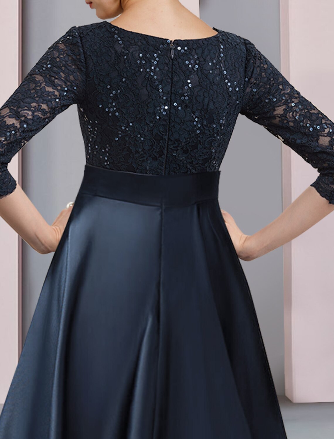 Wholesale  A-Line Mother of the Bride Dress Wedding Guest Vintage Elegant V Neck Tea Length Satin Lace 3/4 Length Sleeve with Bow(s) Pleats Sequin