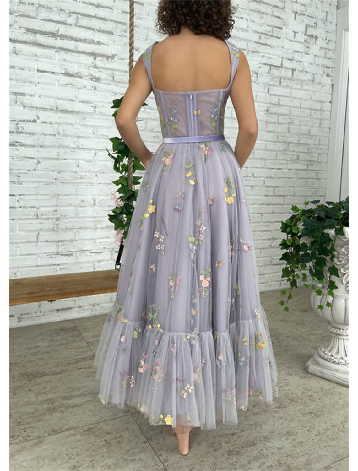 Wholesale A-Line Prom Dresses Floral Dress Formal Evening Birthday Floor Length Short Sleeve Square Neck Fall Wedding Guest Lace with Pleats Appliques