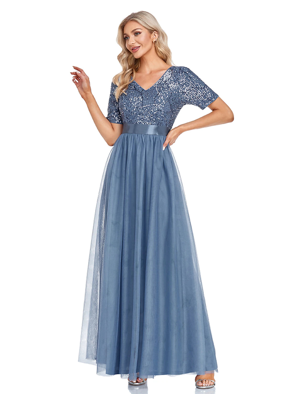 Wholesale  A-Line Evening Gown Sparkle & Shine Dress Wedding Guest Prom Floor Length Short Sleeve V Neck Bridesmaid Dress Tulle with Sequin Splicing