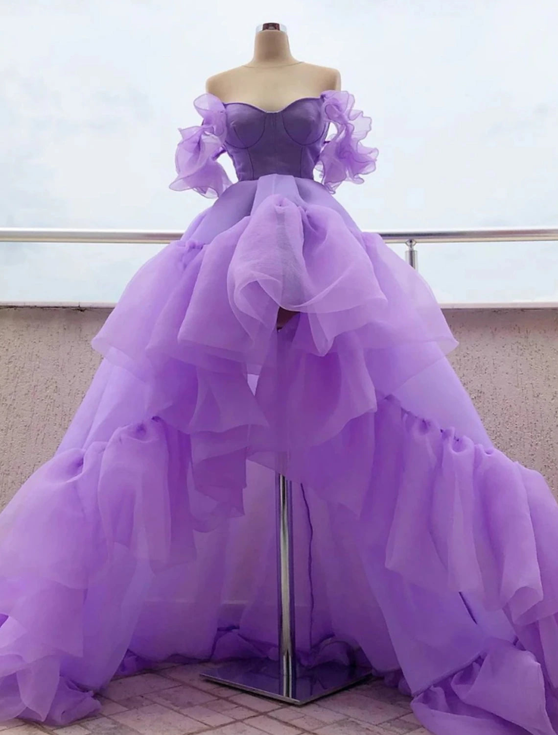 Wholesale A-Line Prom Dresses High Low Dress Quinceanera Asymmetrical Purple Short Sleeve Off Shoulder Tulle with Tier