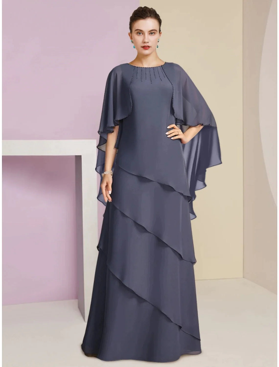 Wholesale Sheath / Column Mother of the Bride Dress Wedding Guest Elegant Jewel Neck Floor Length Chiffon Half Sleeve with Sequin Tier Solid Color
