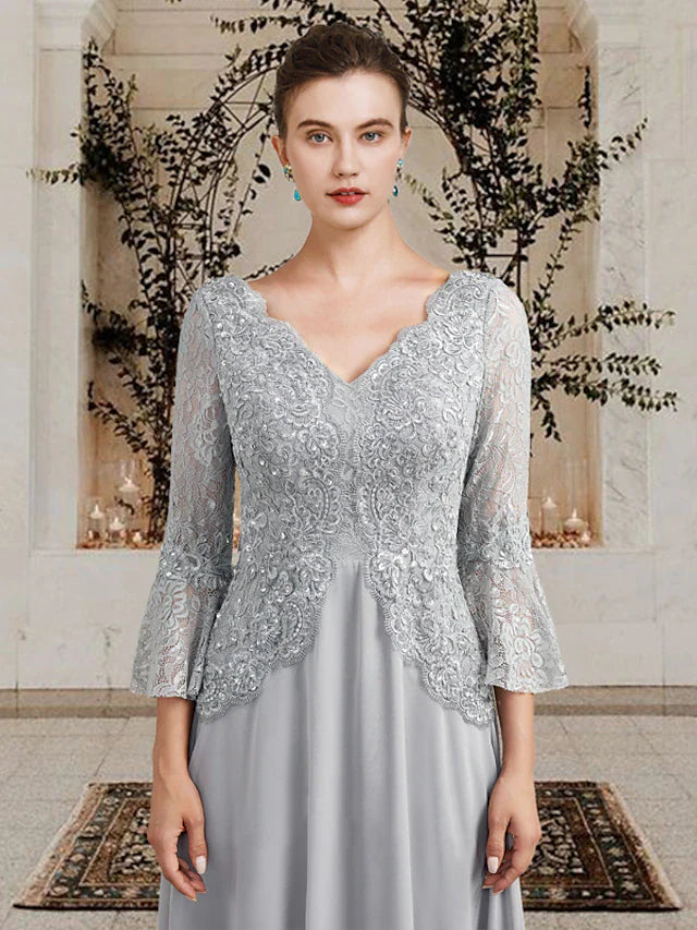 Wholesale A-Line Mother of the Bride Dress Plus Size Elegant V Neck Floor Length Chiffon Lace 3/4 Length Sleeve with Pleats Sequin Appliques