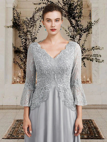 Wholesale A-Line Mother of the Bride Dress Plus Size Elegant V Neck Floor Length Chiffon Lace 3/4 Length Sleeve with Pleats Sequin Appliques