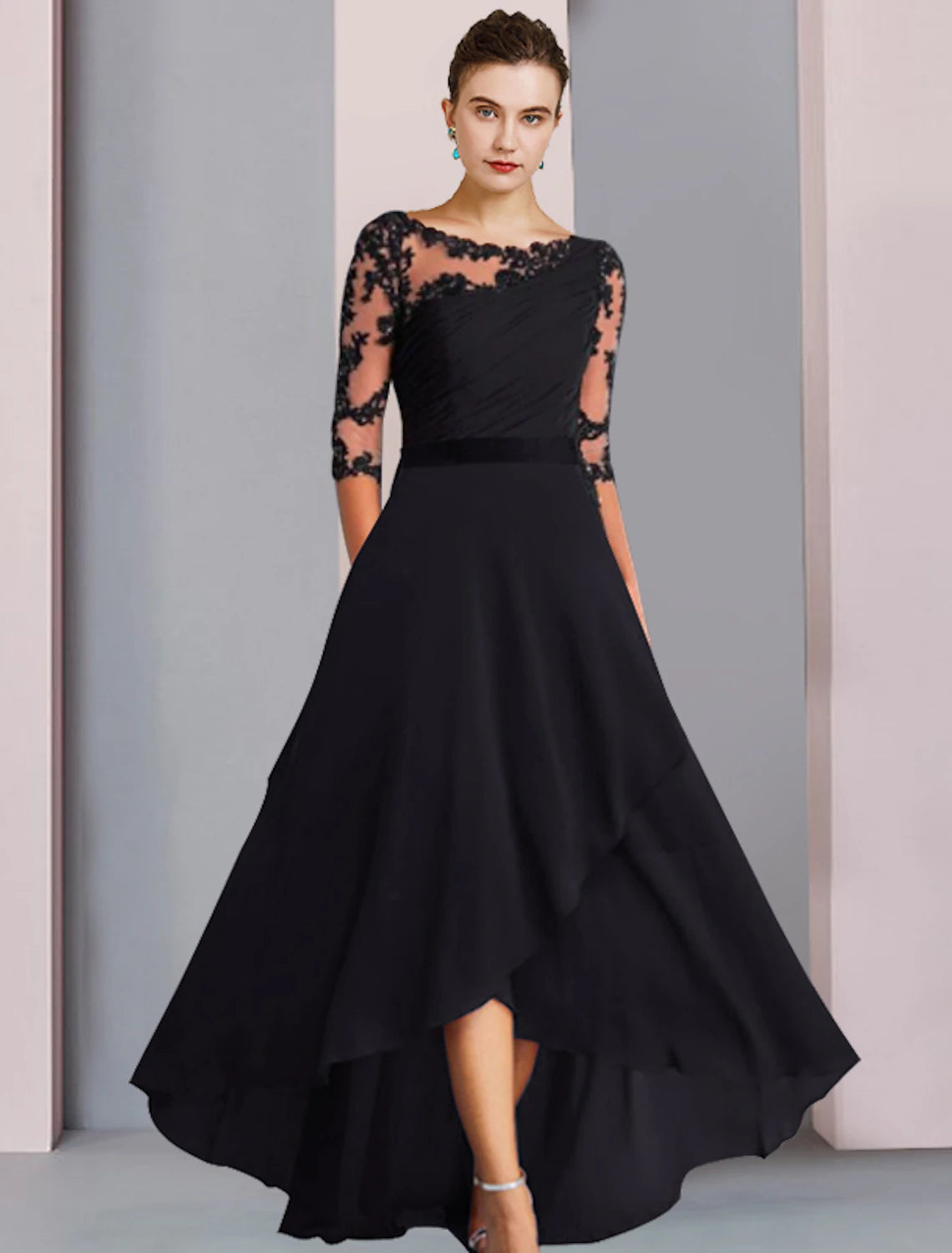 Wholesale  A-Line Mother of the Bride Dress Wedding Guest Elegant High Low Scoop Neck Asymmetrical Tea Length Chiffon Lace Half Sleeve with Appliques Side-Draped