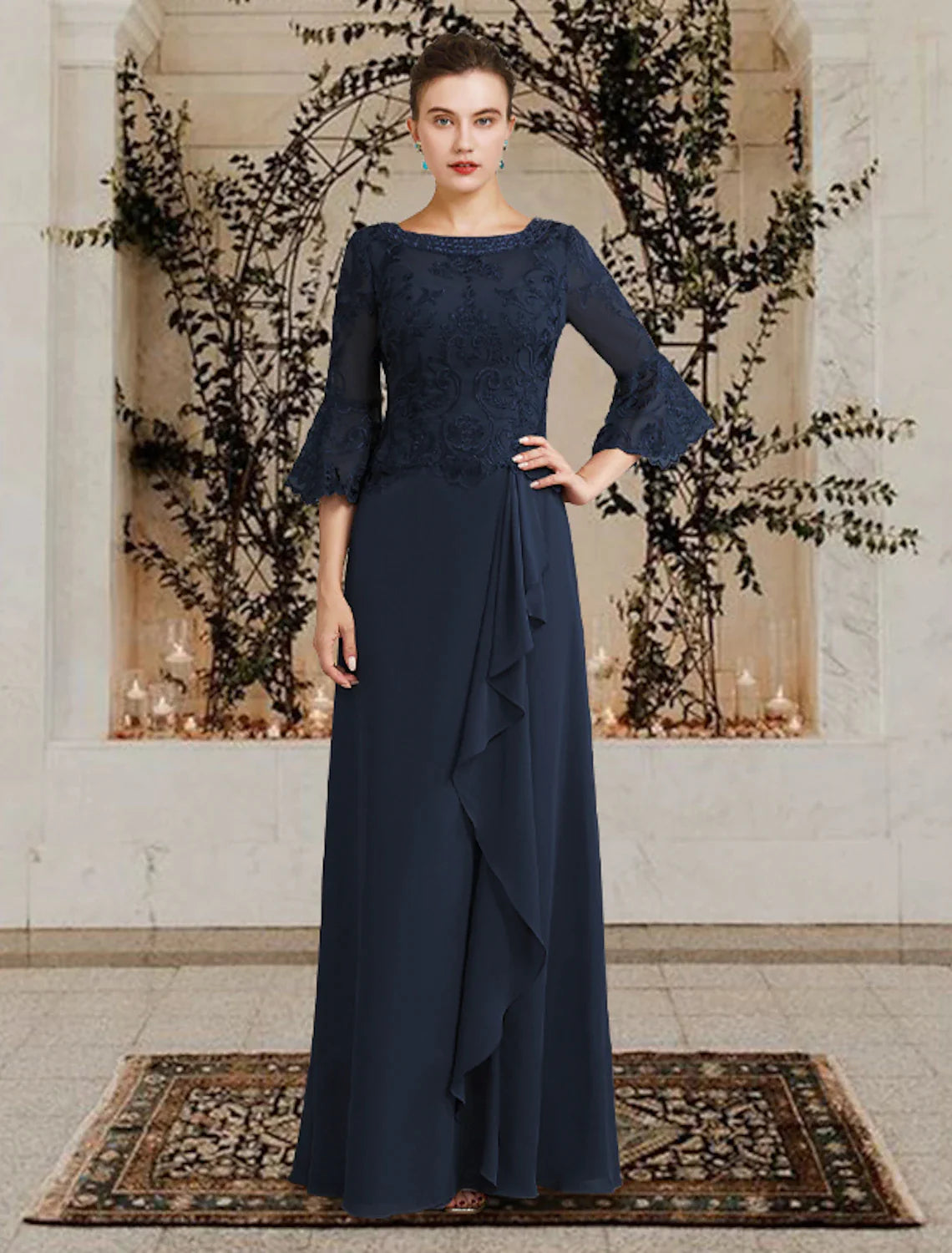 Wholesale Sheath / Column Mother of the Bride Dress Plus Size Elegant Jewel Neck Floor Length Chiffon Lace Half Sleeve with Sequin Appliques