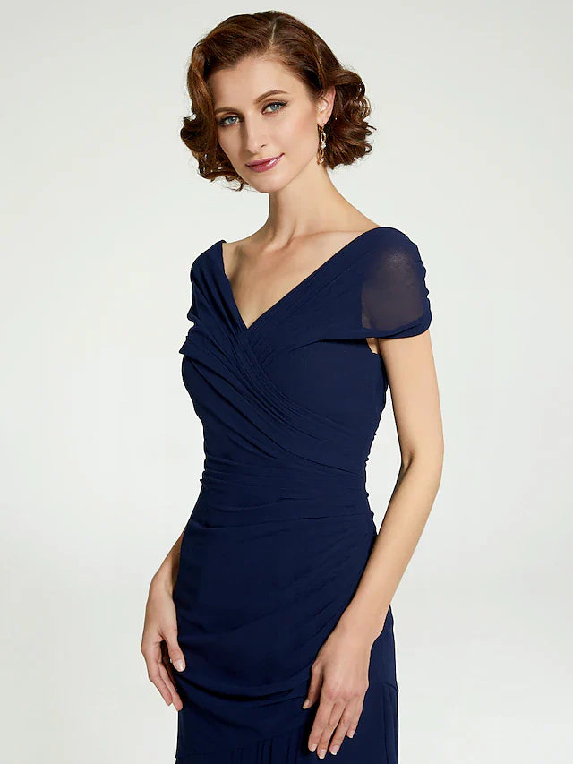 Wholesale A-Line Mother of the Bride Dress V Neck Floor Length Chiffon Sleeveless with Lace Ruching