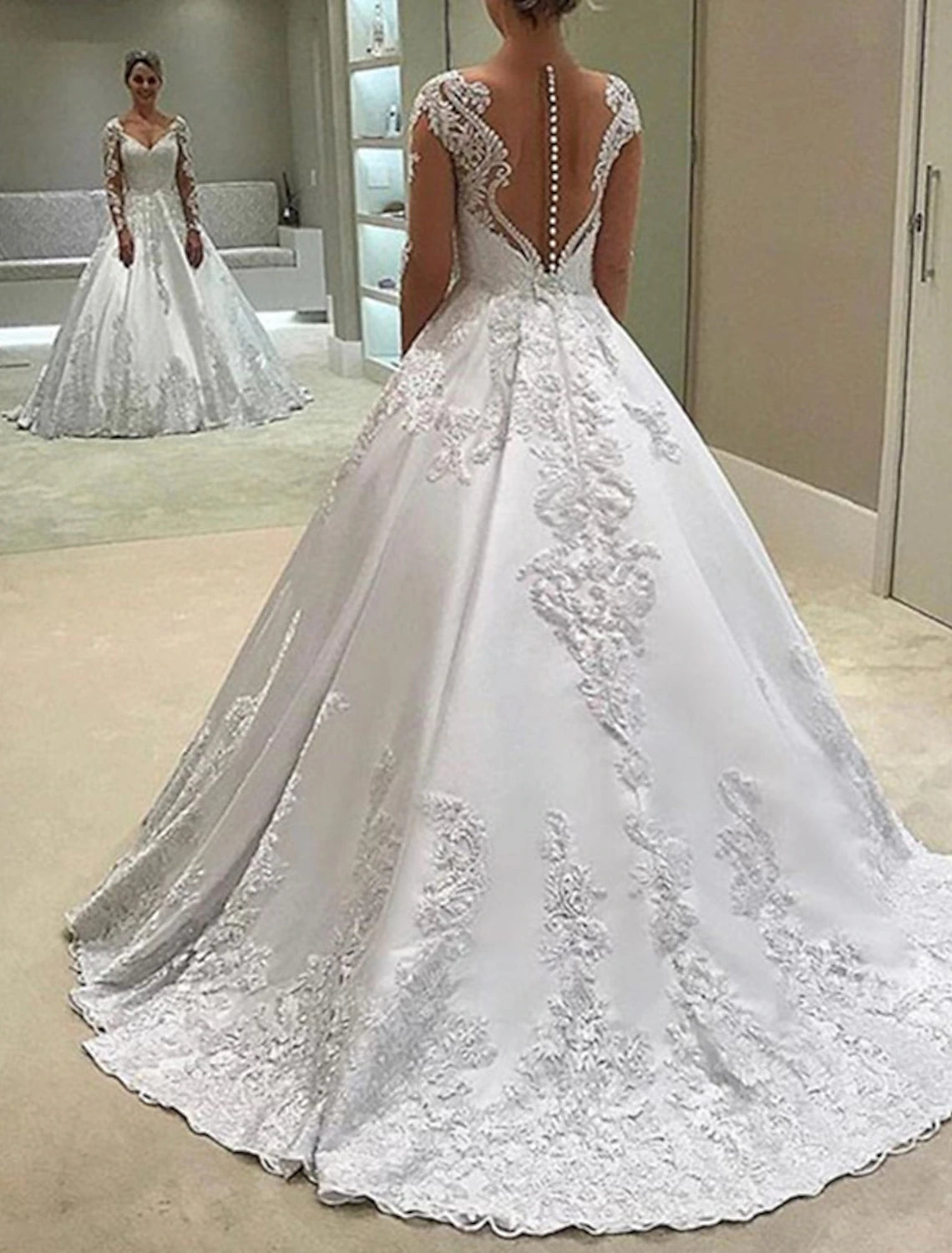 Wholesale Engagement Formal Wedding Dresses Ball Gown Sweetheart Long Sleeve Court Train Satin Bridal Gowns With Buttons Appliques