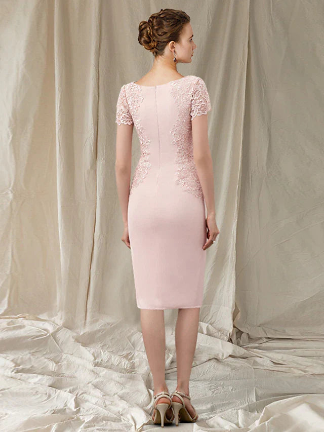 Wholesale Sheath / Column Mother of the Bride Dress Elegant Jewel Neck Knee Length Lace Stretch Fabric Short Sleeve with Appliques