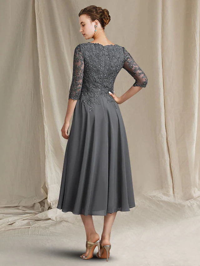 Wholesale A-Line Mother of the Bride Dress Plus Size Elegant V Neck Tea Length Chiffon Lace 3/4 Length Sleeve with Pleats Beading Appliques
