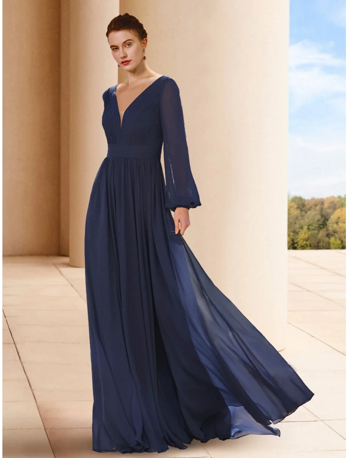 Wholesale A-Line Mother of the Bride Dress Wedding Guest Elegant V Neck Floor Length Chiffon Long Sleeve with Ruching Solid Color