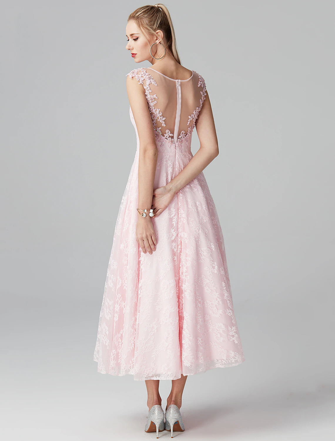 Wholesale  A-Line Prom Dresses Floral Dress Evening Party Wedding Guest Ankle Length Short Sleeve Illusion Neck Lace Zipper with Appliques