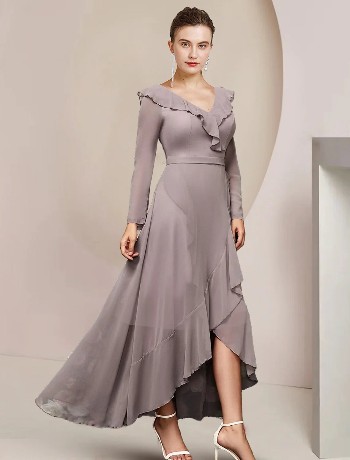 Wholesale A-Line Mother of the Bride Dress Wedding Guest Elegant V Neck Asymmetrical Ankle Length Chiffon Long Sleeve with Ruffles Solid Color