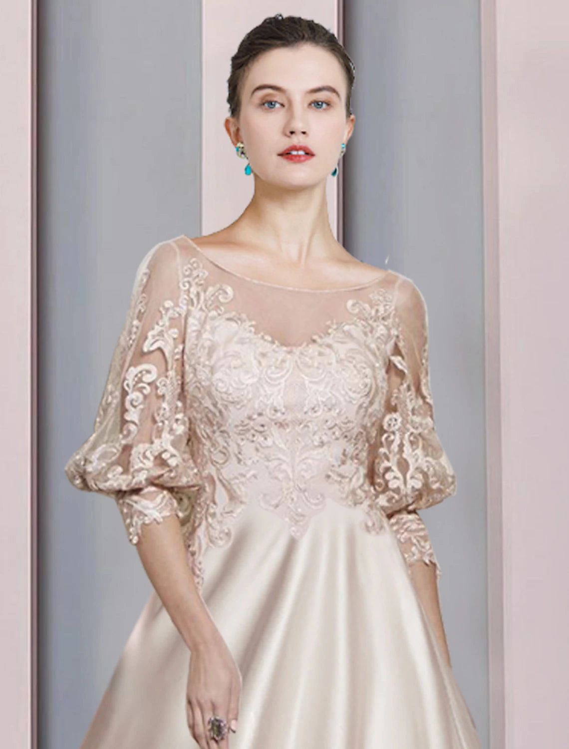 Wholesale  A-Line Mother of the Bride Dress Formal Elegant Scoop Neck Tea Length Satin Lace 3/4 Length Sleeve with Appliques