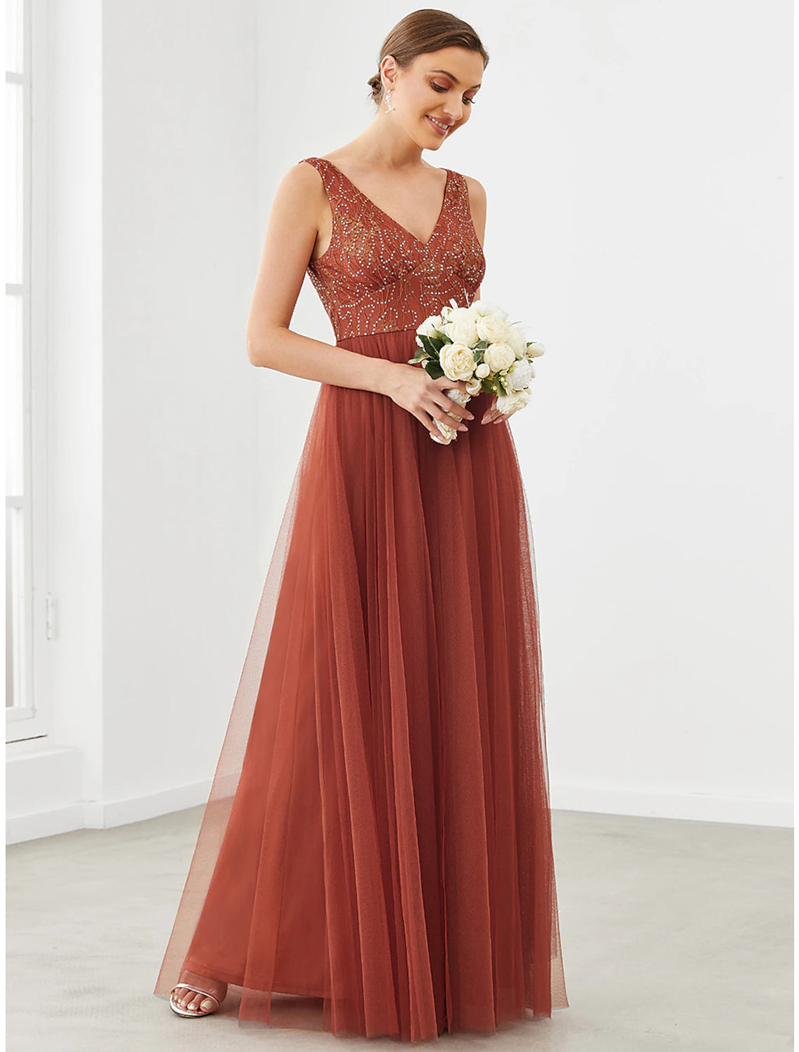 Wholesale  A-Line Prom Dresses Sparkle & Shine Dress Homecoming Wedding Guest Floor Length Sleeveless V Neck Tulle with Draping Splicing