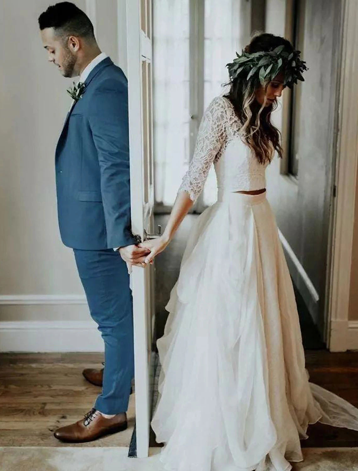 Wholesale  Boho Wedding Dresses Ball Gown V Neck 3/4 Length Sleeve Sweep / Brush Train Chiffon Bridal Suits Bridal Gowns With Pleats 2023 Summer Wedding Party, Women's Clothing