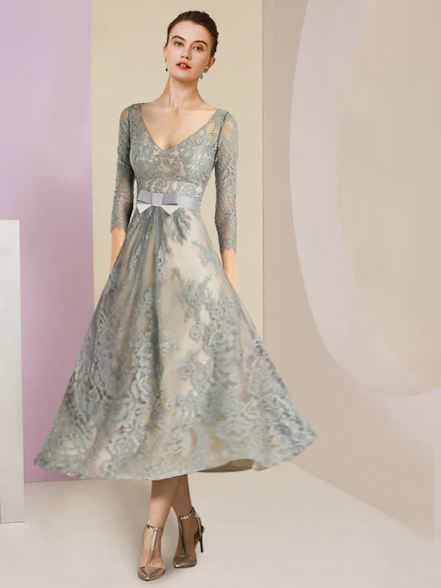 Wholesale A-Line Mother of the Bride Dress Formal Party Elegant V Neck Tea Length Lace 3/4 Length Sleeve with Bow(s) Appliques