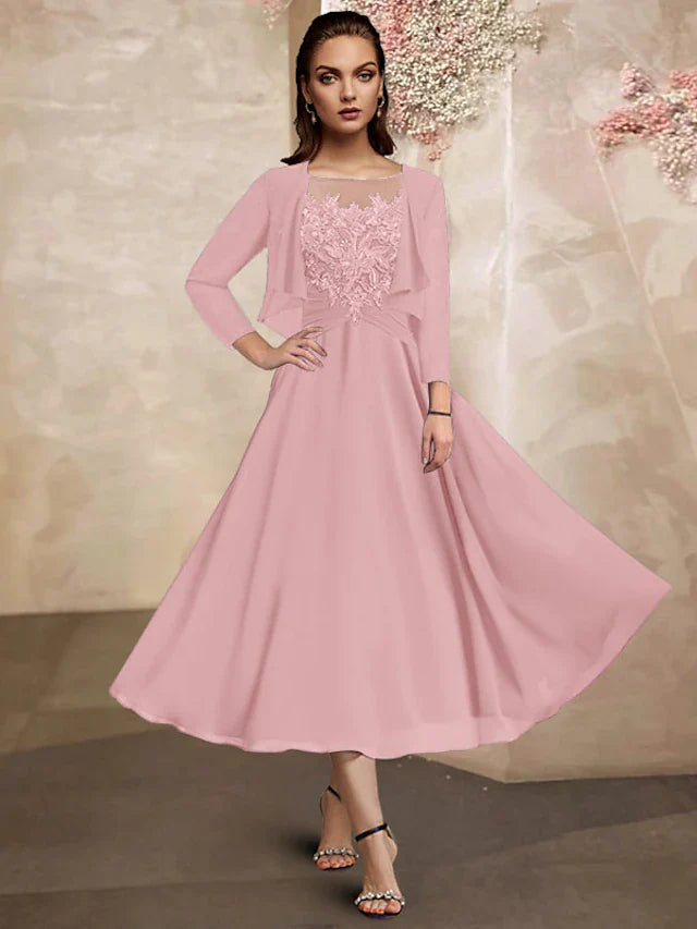 Wholesale Two Piece A-Line Mother of the Bride Dress Plus Size Elegant Jewel Neck Tea Length Chiffon Lace Half Sleeve Wrap Included with Ruched Sequin Ruffles