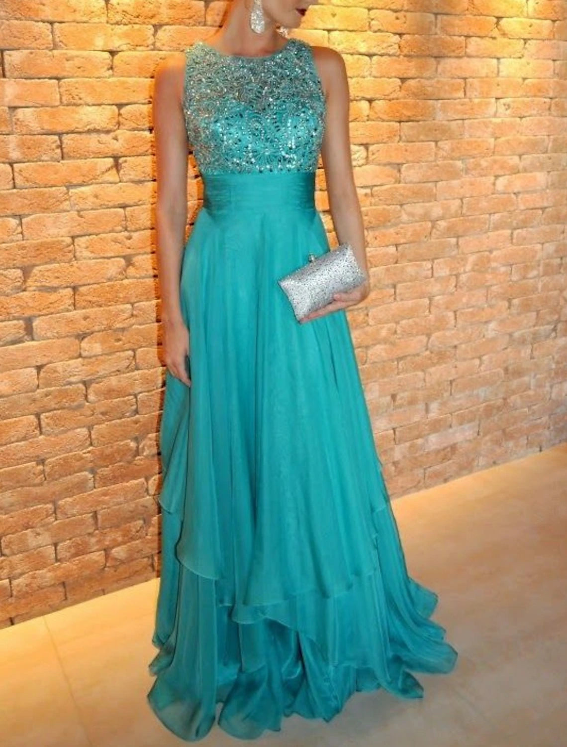 Wholesale A-Line Evening Gown Tiered Prom Dress Formal Sweep / Brush Train Sleeveless Jewel Neck Chiffon with Rhinestone