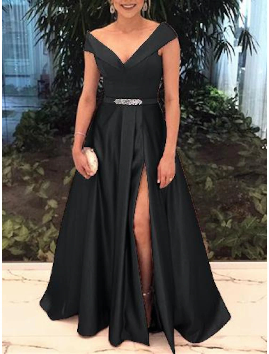 Wholesale  A-Line Elegant Prom Formal Evening Valentine's Day Dress Off Shoulder Short Sleeve Sweep / Brush Train Satin with Split Front