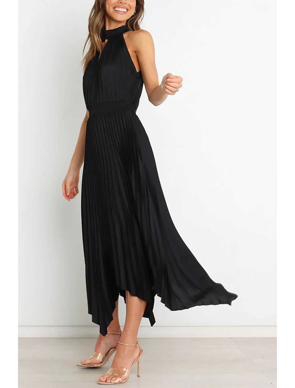 Wholesale A-Line Party Dresses Casual Dress Homecoming Wedding Guest Asymmetrical Sleeveless Halter Neck Satin with Pleats