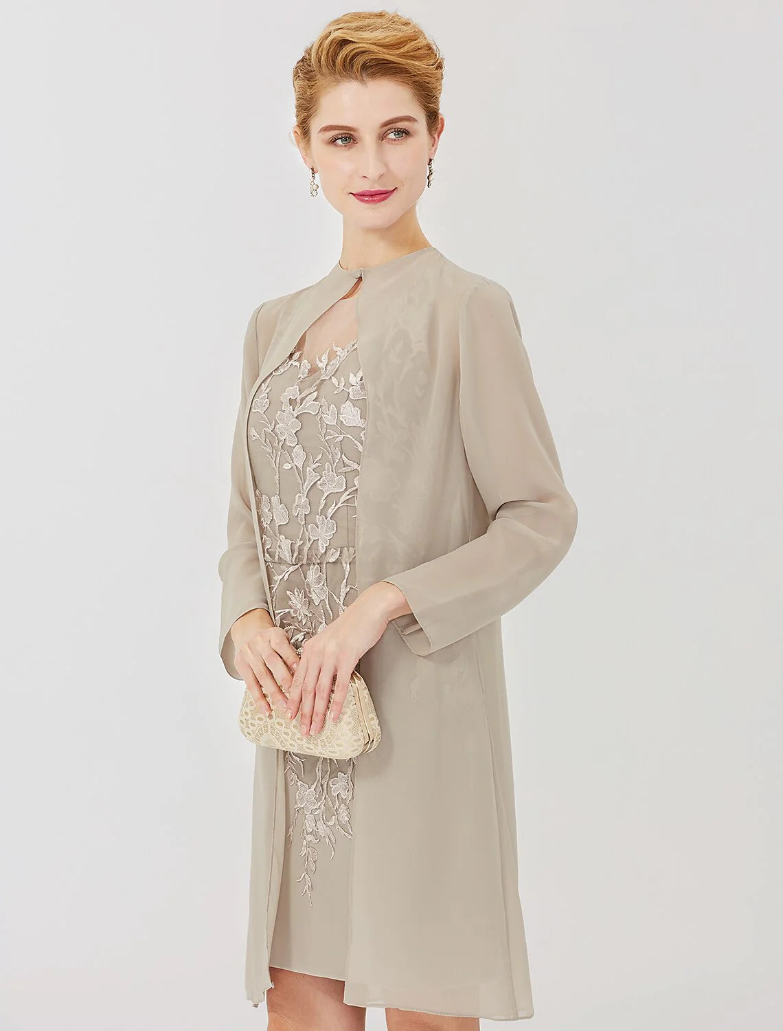 Wholesale Sheath / Column Mother of the Bride Dress Formal Classic & Timeless Elegant & Luxurious Convertible Dress Illusion Neck Knee Length Chiffon All Over Lace Long Sleeve with Appliques