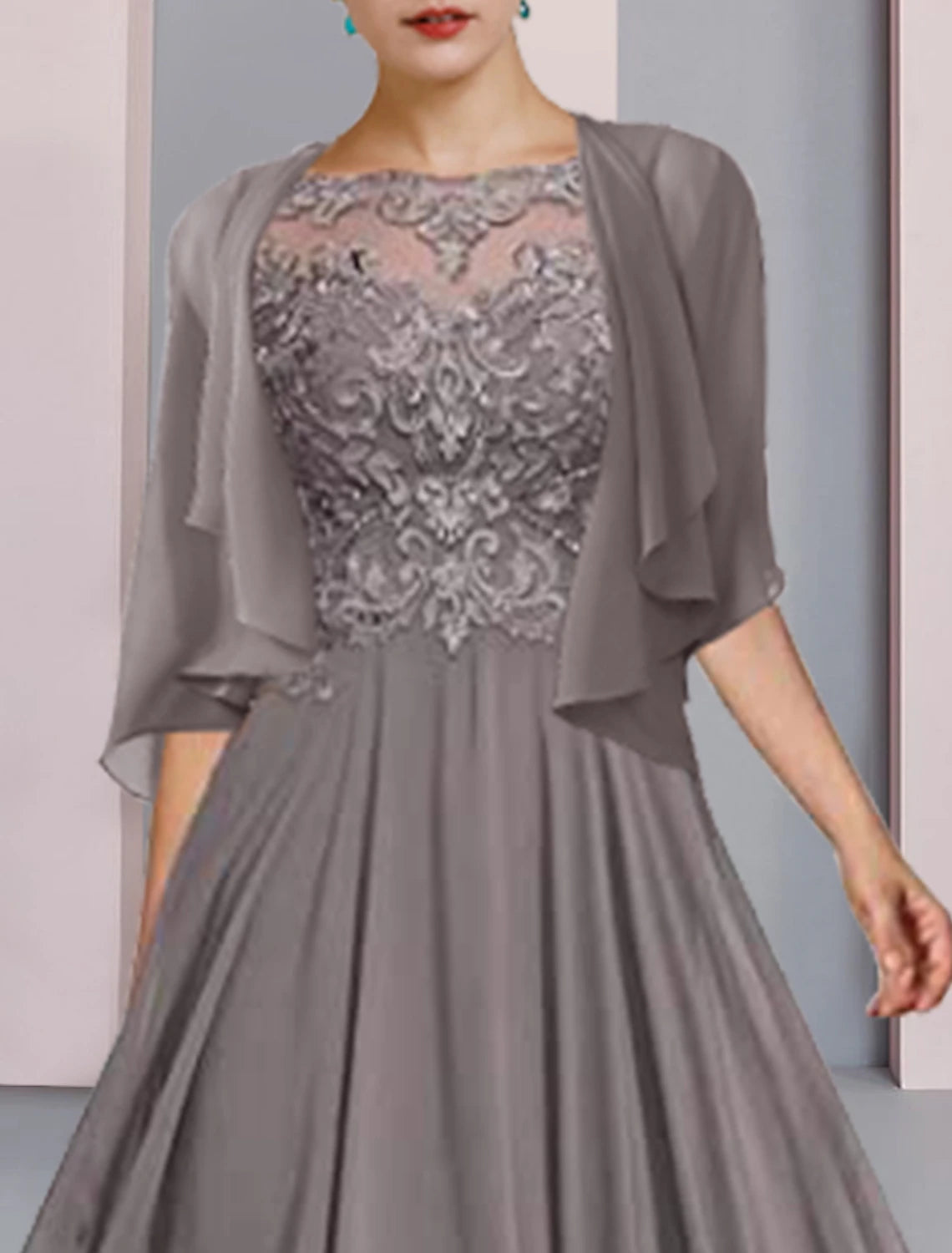 Wholesale  A-Line Mother of the Bride Dress Formal Wedding Guest Elegant Scoop Neck Floor Length Chiffon Lace Half Sleeve Wrap Included with Pleats Beading Appliques