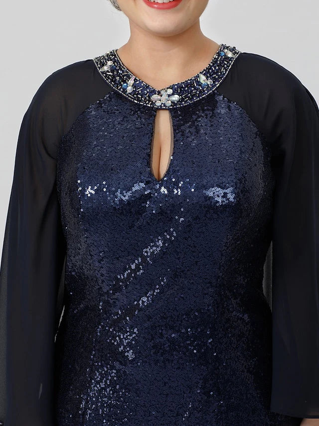 Wholesale Mermaid / Trumpet Mother of the Bride Dress Formal Chic & Modern Glamorous & Dramatic Plus Size Jewel Neck Floor Length Chiffon Sequined 3/4 Length Sleeve No with Crystals Beading