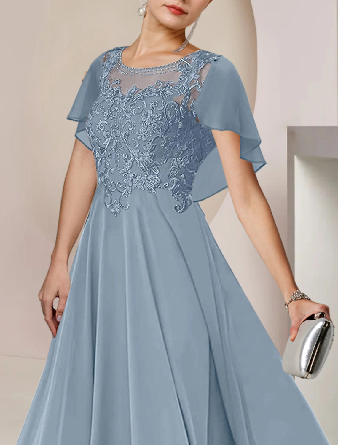 Wholesale  A-Line Mother of the Bride Dress Elegant Scoop Neck Tea Length Chiffon Lace Sleeveless with Beading Appliques