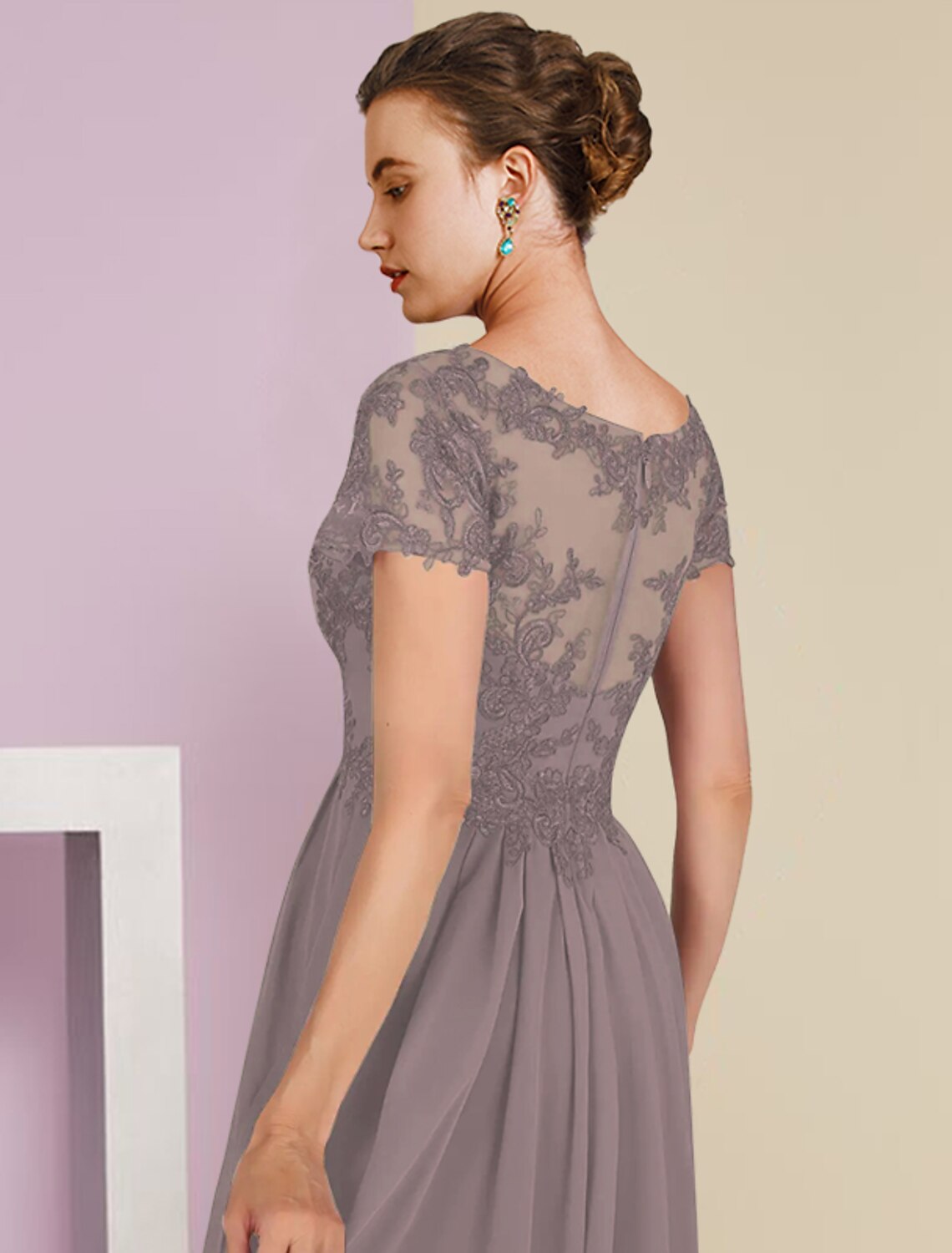 Wholesale  Two Piece A-Line Mother of the Bride Dress Formal Wedding Guest Elegant V Neck Sweep / Brush Train Chiffon Lace Short Sleeve Wrap Included with Appliques