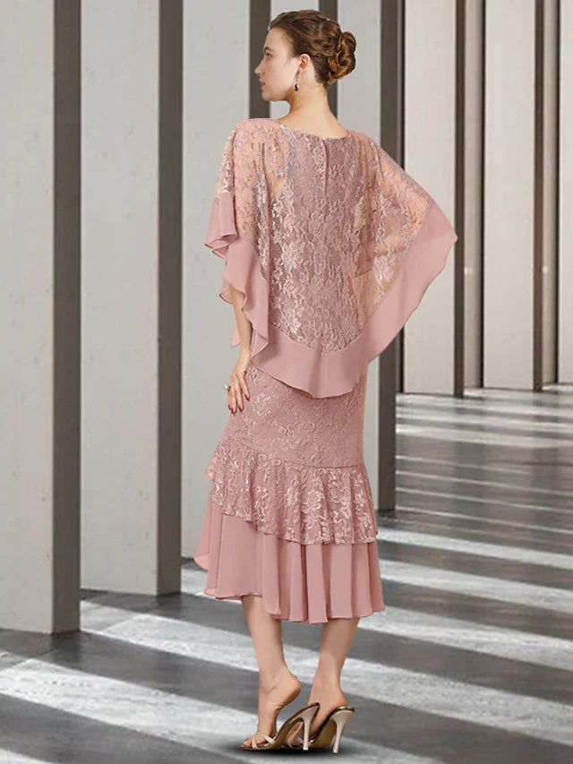 Wholesale Sheath / Column Mother of the Bride Dress Elegant High Low Jewel Neck Asymmetrical Tea Length Chiffon Lace Half Sleeve Wrap Included with Beading Ruffles Appliques
