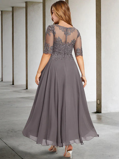 Wholesale A-Line Plus Size Curve Mother of the Bride Dresses Elegant Dress Formal Asymmetrical Half Sleeve Jewel Neck Chiffon with Beading Appliques