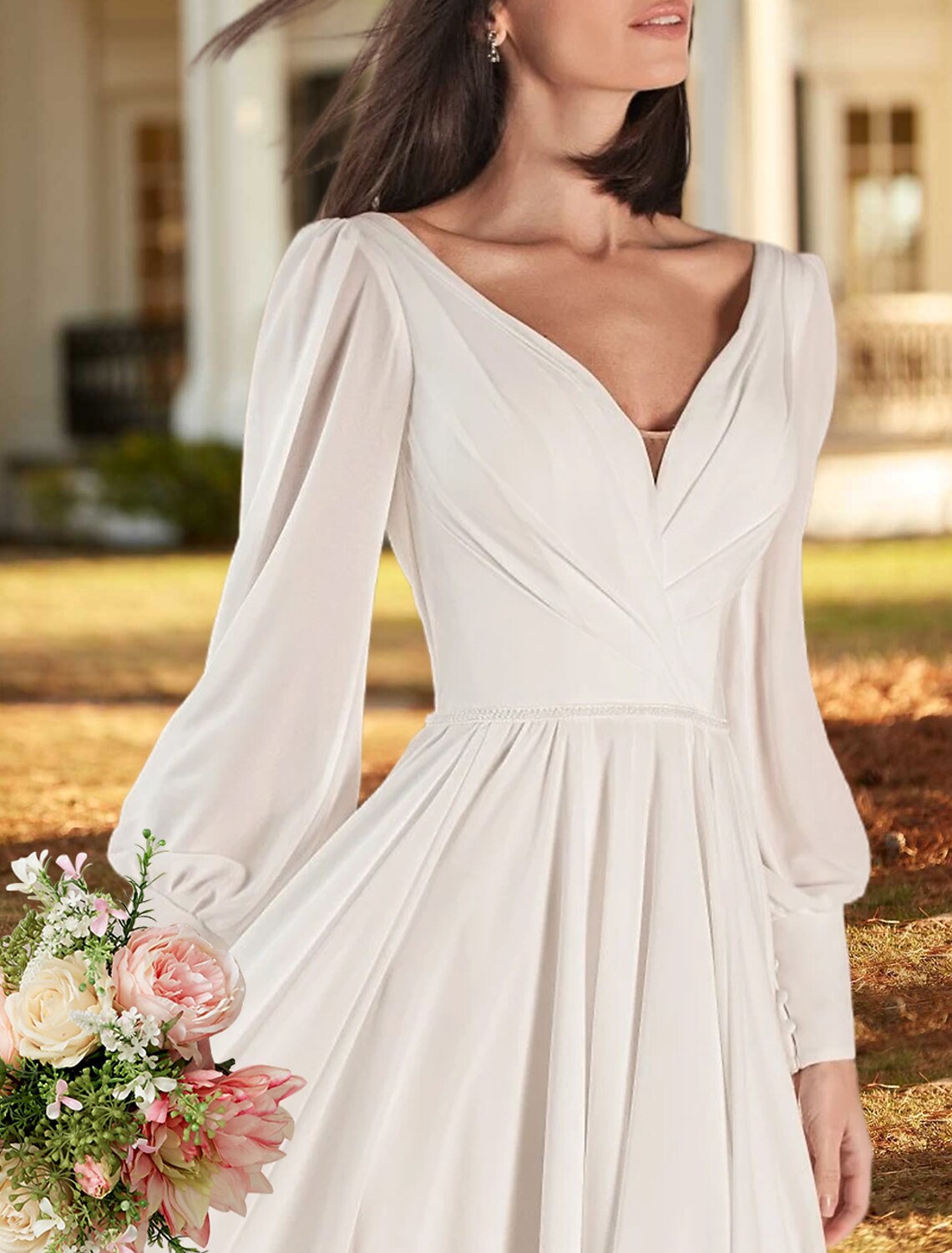 Wholesale Simple Wedding Dresses A-Line V Neck Long Sleeve Sweep / Brush Train Chiffon Bridal Gowns With Pleats