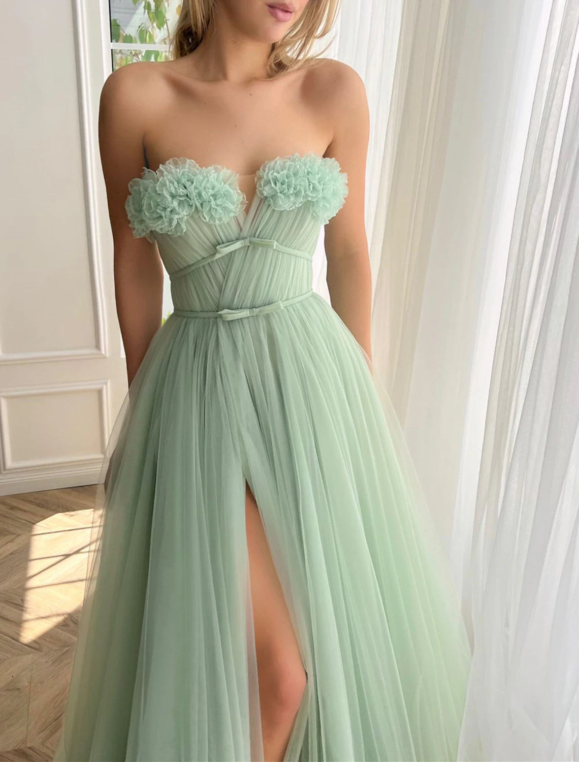 Wholesale A-Line Evening Gown Floral Dress Formal Wedding Guest Court Train Sleeveless Strapless Tulle with Bow(s) Slit